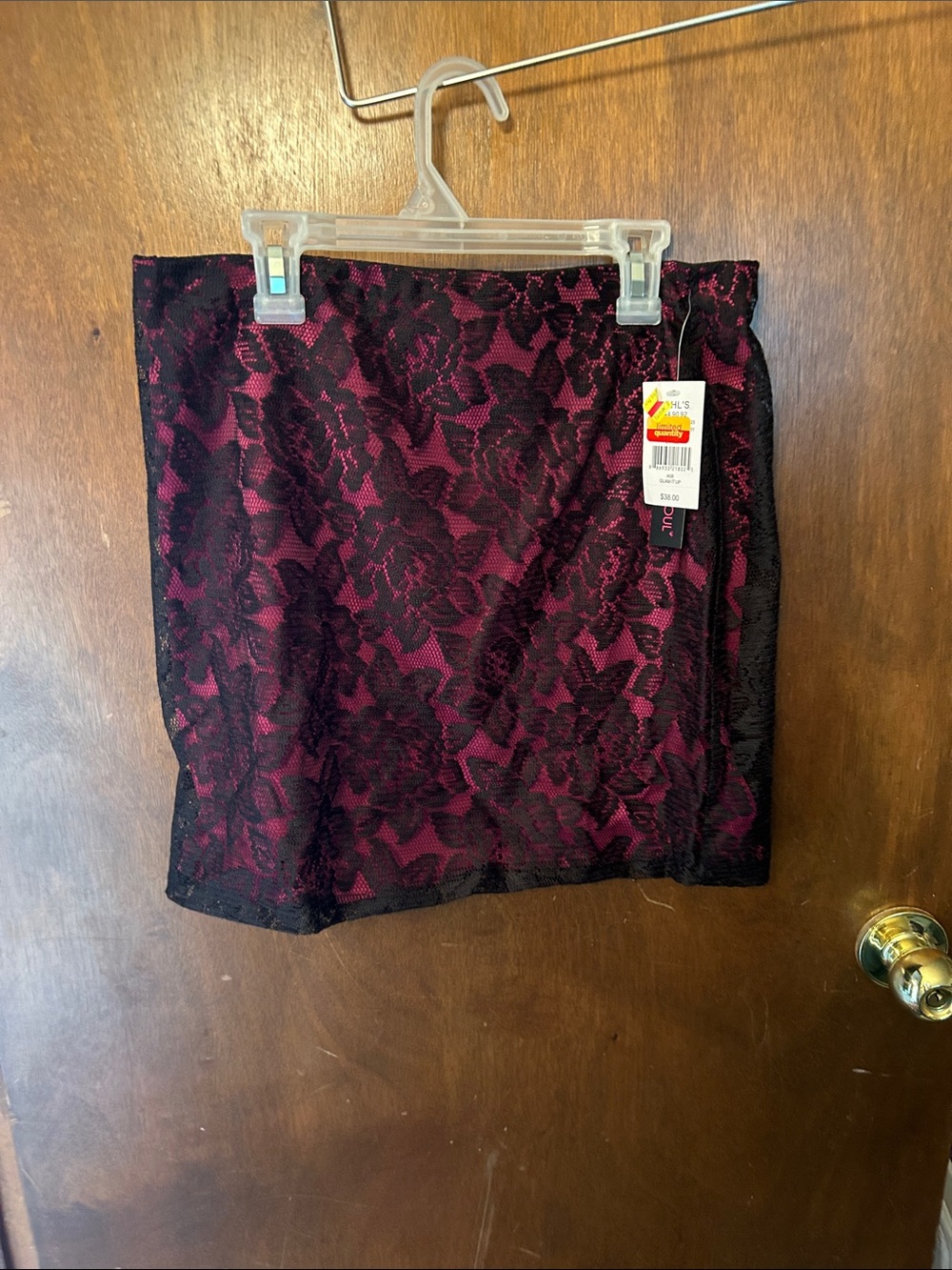 HeartSoul Black Lace Overlay Mini Skirt with Deep Pink Underlayer